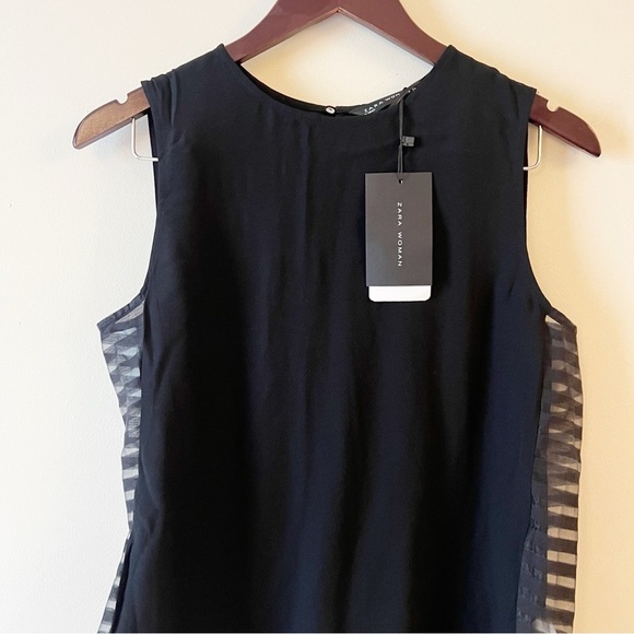 Zara Black Tank top Sheer Striped Side Panels Size Medium NEW $59 Round Neck - Picture 2 of 10
